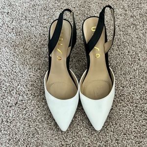 White & black sling back heels